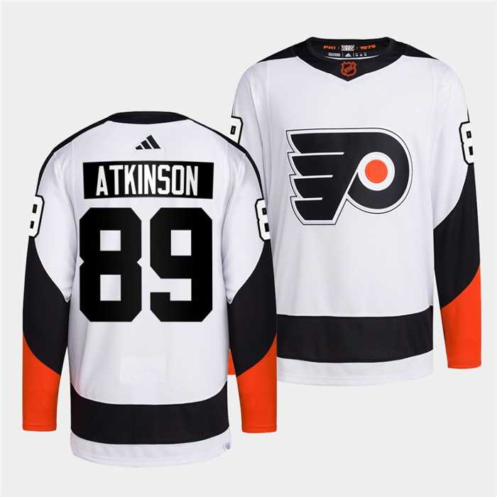 Mens Philadelphia Flyers #89 Cam Atkinson White 2022 Reverse Retro Stitched Jersey Dzhi